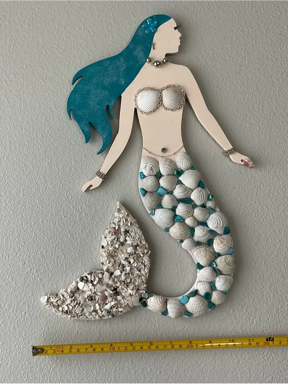 Handcrafted Mermaid Shell Wall Decor in Teal and Cream
